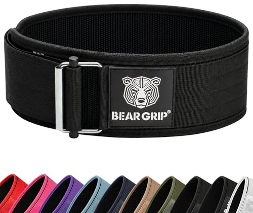 Bear Grip självlåsande tyngdlyftningsbälte – dödlyft, kroppsbyggande, knäböj och kraftlyftning – premium tyngdlyftning gymbälte för crossfit och olympisk lyftning för män och kvinnor – (svart och vit