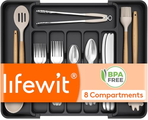 Lifewit Expandable Silverware Drawer Organizer for Kitchen, Adjustable Utensil Tray, BPA Free Plastic Flatware and Cutlery Holder for Spoons Forks Knives, 12.2-18.9 x 13.8, Black