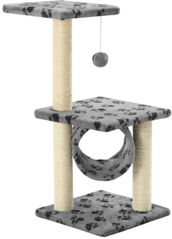 Arbre à chat en sisal - 65 cm - Gris - Avec motif de pattes - Surface de couchage en peluche - Colonne à gratter en sisal - Balle de jeu, arbre d'escalade et zone de repos pour intérieur - Meuble en