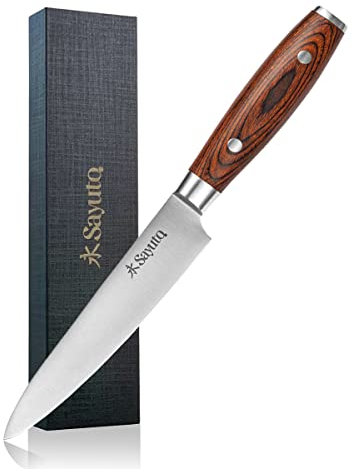 Sayuto - Couteau Universel Pakka X50 Design Japonais Lame 12.5cm en Acier Inoxydable Allemand Manche en Bois de Pakka - Coffret Cadeau Inclus