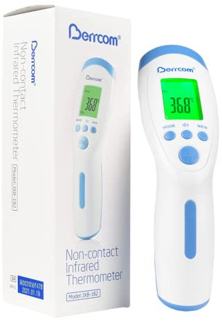 Berrcom Termómetro de frente: termómetro digital infrarrojo 3 en 1 para adultos sin contacto con alarma de fiebre, retroiluminación LCD, almacena 32 lecturas, interruptor °C/°F, apagado automático