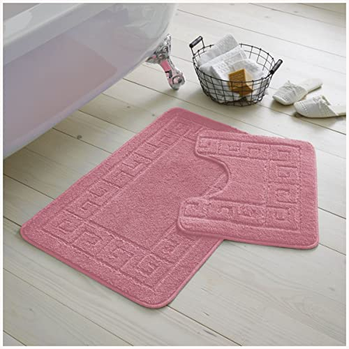 GC GAVENO CAVAILIA 2 Piece Washable Bathroom Mat, Extra Absorbent Anti Slip Bath Mats, Super Soft Toilet Rugs Set, Pink, (50 x 80, 50 x 40 cm)
