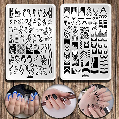 2 Stück Nagel Schablone French Nails Stempel Set, Stamping Schablone Streifen Strudel Schlange Muster Nagel Stamping Platten für Nägel, 14.5 * 9.5cm Stempelkissen Nägel für Frauen und Mädchen