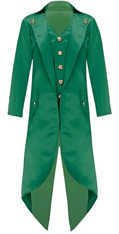 Moggemol Kids Boys Girls Gothic Steampunk Tailcoat Jacket Victorian Vintage Frock Coat Halloween Medieval Outfit Green 16 Years