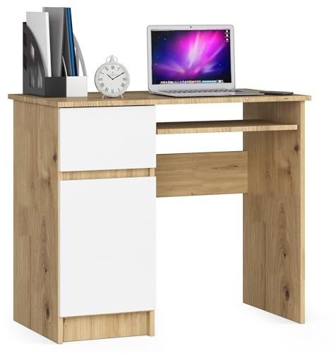 AKORD | Escritorio con Estante para Teclado, Cajón y Contenedor en el Lado Izquierdo | Escritorio de Oficina | Escritorio para Computadora PC Portátil | 90x77x50 cm | 30 kg Roble Artisan | Blanco