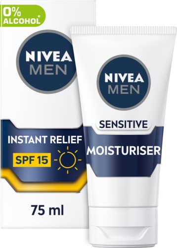 NIVEA MEN Sensitive Face Moisturiser SPF15 (75ml), 0% Alcohol Moisturiser Relieves 5 Signs of Skin Irritation and Protects Skin Against UVA/UVB Rays, Non-Greasy Formula