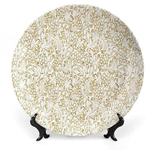 XISUNYA 8 Inch Decorative Plate, Kitchen Decor Round Porcelain, Golden Grape Vine Classic Victorian Print Ceramic Wall Hanging for Home Office Party Dinner Table Decor, Gold White
