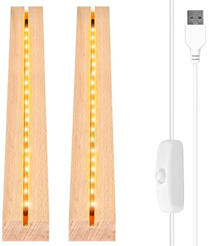 Vegena 2 Stück Led Sockel Holz, Led Display Basis, Led Lichtsockel USB, LED-Leuchten-Sockel Rechteckiger Beleuchteter Holzsockel für Acrylplatte, Kristallglasplatte (30cm Lang, Warmweiß)