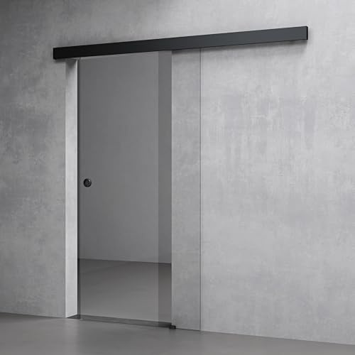 Mai & Mai Porta Scorrevole in Vetro 77.5x205cm, Porta Scorrevole con Sistema Softclose in Vetro Trasparente 8mm con Binario e Maniglia Rotonda per Bagno Cucina Studio Ufficio, Nero, Amalfi-plus 19