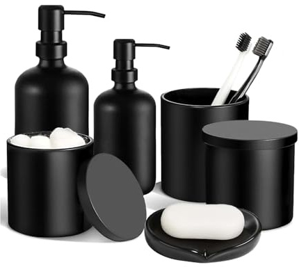 6PC Matte Black Bathroom Accessories Set with Glass Soap Dispenser | Modern Bathroom Organizer & Decor Set incl. Toothbrush, Qtip Holder