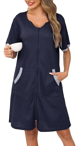 Lovasy Peignoir Femme à Fermeture Éclair Peignoir Kimono Gaufré à Manches Courtes Robe de Chambre Léger Longueur du Genou Loungewear avec Poches