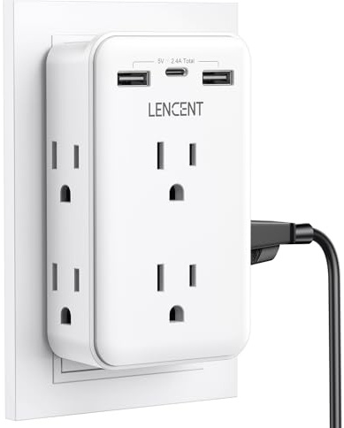 LENCENT 2 to 3 Prong Outlet Adapter, 2 Prong Power Strip with 6 AC Sockets 3 USB Ports(1 USB C), 3-Sided Wall Plug Splitter, 1875W Max, Compact Adapter for Non-Grounded Outlets in Old Houses