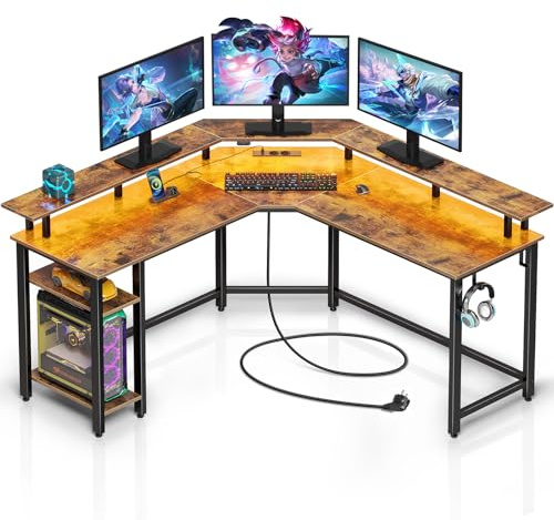 Rolanstar Schreibtisch L Form mit RGB-LED & Steckdosen, 135 cm Computertisch mit Monitorständer & Ablagefläche, Reversibler Eckschreibtisch mit 2 Haken, perfekt für Schlafzimmer Büro, Vintagebraun