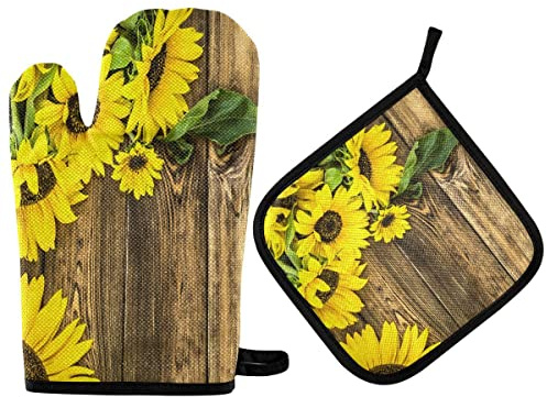 2 pezzi Presine E Guanti Da Forno Vintage Sunflowers Yellow Guanti Da Cucina Professional Guanti Da Barbecue Per Cottura Al Forno, Microonde, Cucinare