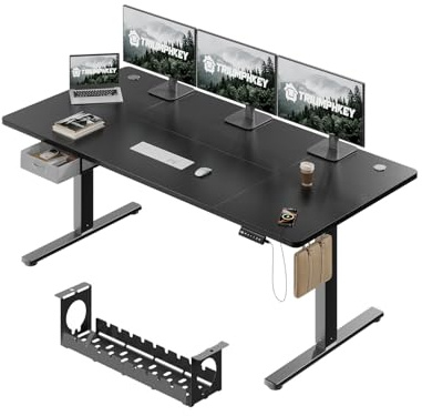 TRIUMPHKEY Mesa Escritorio Elevable Eléctrica 180x80cm, Escritorio Elevable con Cajón de Tela Plegable, Mesa Elevable Escritorio de Doble Travesaño y Panel de Control con USB para Carga,Negro