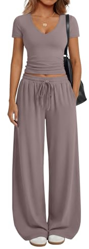 Trendy Queen 2 Piece Lounge Sets for Women Summer 2026 Two Piece Matching Loungewear Sweat Sets Spring Fashion Travel Airport Outfits Sweatsuits Casual Cute Clothes Track Suits Rose Taupe L