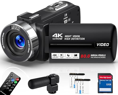 Peryoua Videocámara 4K de 80 MP, zoom digital de 18X, pantalla IPS 3.0, cámara de vlogging para YouTube, IR visión nocturna, grabadora de video con tarjeta SD de 32 GB, 2 baterías, control remoto