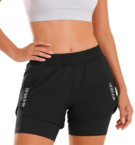 2 in 1 Shorts Damen Schwarz Sommer Laufshorts Laufhose Damen Kurz Kurze Sporthose Sport Running Shorts Women with Back Zipper Pocket (DE/NL/SE/PL, Alphanumerisch, M, Regular, Regular, Schwarz)