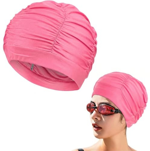 COYUN Bonnet de Bain Cheveux Long Adulte, 1 Pièce, Extensible et Confortable, Qualité Supérieure Nylon, Bonnet Piscine Cheveux Long, Bonnet Bain Femme (Rose)