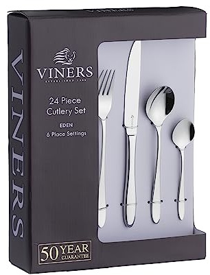 Viners Eden 24 Piece Elegant Mirror Polished Stainless Steel Flatware Gift Box, Silver