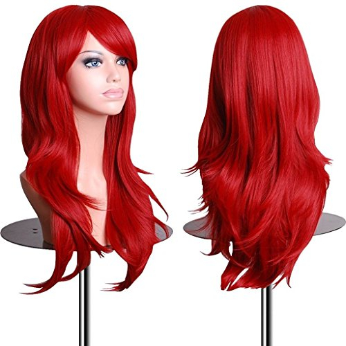 EmaxDesign Wigs - Parrucca da 70 cm / 28, anche per Cosplay, lunga, folta, con riccioli ampi, fibra resistente alle alte temperature, Accessorio di pregio dotato di pettinino e retina