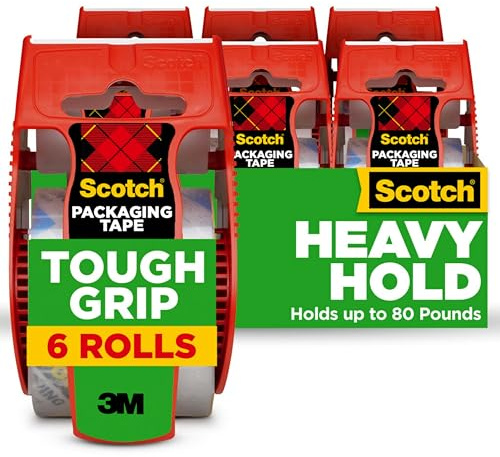Scotch Tough Grip Moving Packing Tape, Clear, Moving Tape That Secures Boxes up to 80 Pounds, 1.88 in. x 22.2 yd., 6 Tape Rolls with Dispensers