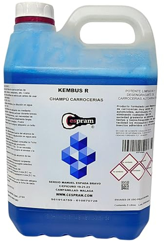 CESPRAM Kembus R Limpiador Quita Insectos y Mosquitos Coche Sin Frotar - Champú Carrocería Concentrado 1:50 - Autoarrastre Profesional Camiones Autobuses - Fabricado en España - Garrafa 5L