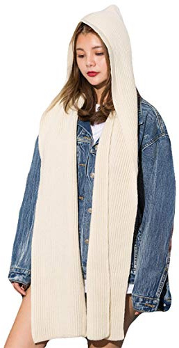 Elufly Women Winter 3 in 1 Hooded Hat Scarf Wrap Shawl Crochet Knit Pullover Neckwarmer (Ivory)