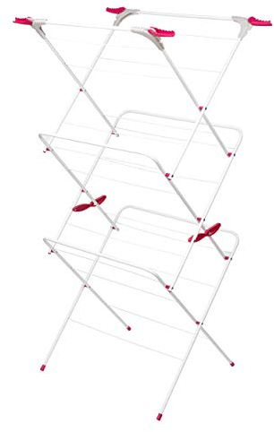Kleeneze KL072498NEU 3-Tier Clothes Airer – Large Foldable Maiden, Standing Laundry Dryer Rail Rack, Folding Indoor Clothes Horse, 15M Drying Space, Fold-Out Hooks, 7kg Capacity, Pink