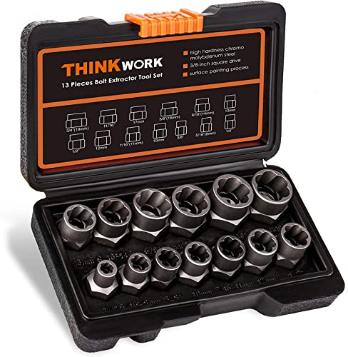 THINKWORK Impact Bolt Extractor Set, 13-Piece Bolt & Nut Remover Set, Stripped Bolt Extractor Socket Set, Bolt Extractor Tool Set for Removing Damaged, Frozen, Rusted, Rounded-Off Bolts, Nuts & Screws