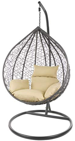 Kideo Set completo con grande poltrona sospesa con struttura e cuscino, per interni ed esterni, in rattan sintetico. Cesto e struttura: grigio. Cuscino: Nest, marrone chiaro (7007 capucchino)