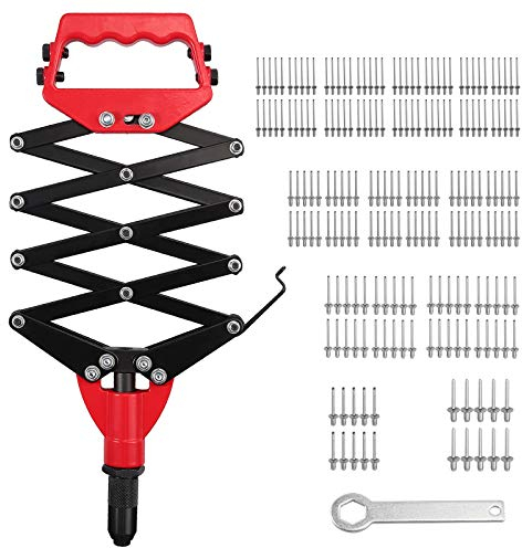 AMTOVL Pop Rivet Gun, 32 Inch Heavy Duty Rivet Gun Hand Riveter with 5 Nosepieces and 200PC Rivet, Works with Aluminum, Steel, Stainless Steel Rivets
