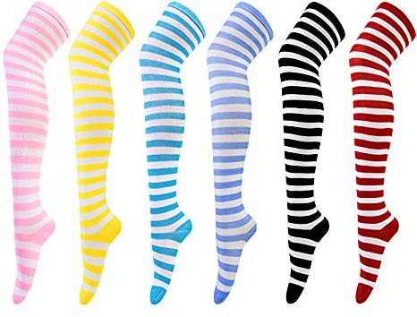Chalier Cozy 6 Paar Damen Kniestrümpfe Overknee Strümpfe Lange Gestreifte Socken Thigh High Socks Beinwärmer Schenkel Socken für Mädchen
