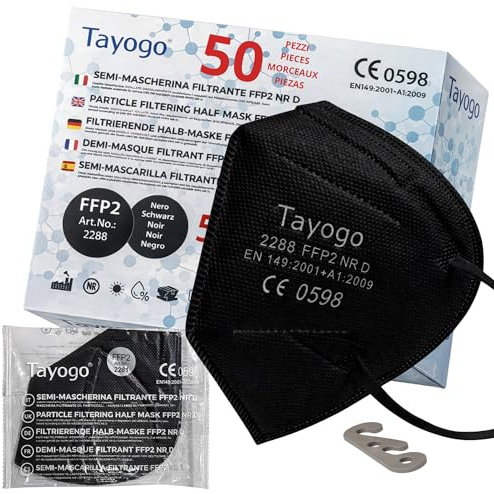 Tayogo FFP2 Face Masks 10 pcs Black, CE Certified 5-Ply High Filtration Disposable Respirator with Elastics and Adaptable Nose Clip for Adult Unisex