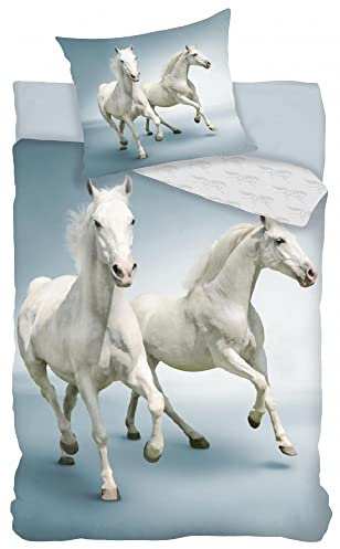 BrandMac Pferde-Bettwäsche aus 100% Baumwolle - weiße Pferde - Schimmel - Deckenbezug 140 x 200 cm - Kissenbezug 70 x 90 cm - robuste Leinenqualität, Oeko-TEX geprüft