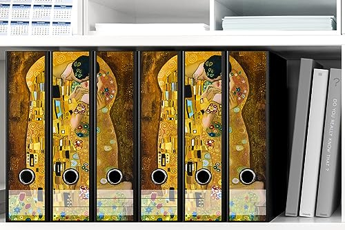 Wallario Ordnerrücken Sticker Der Kuss von Klimt - Größe 6 Stück, Rückenschilder für 6 breite Ordner, Klebeetiketten