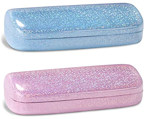molshine 2 delar Glitter Hard Shell Glasögonfodral,Portable Dazzling Glasögonfodral för män Kvinnor Män Tjej Resor Studiearbete (Blå & Rosa)