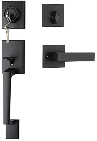 Haidms Black Front Door Handle and Deadbolt Set, Entry Door Handle and Deadbolt with Reversible Handle Lever,Front Door Lock Set, Exterior Door Handles and Locks