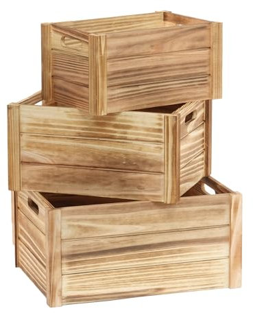 DESIGN DELIGHTS Pura Lot de 3 caisses en bois naturel | Largeur 40/35/30 cm | Bois massif | Caisses à vin, caisses à pommes, caisses de rangement, caisses décoratives en bois, boîte de stockage