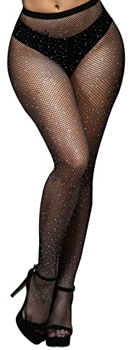 WLLHYF Frauen Glitzernde Netzstrümpfe Hohe Taille Netzstrumpfhose Strass Halloween Weihnachten Party Strumpfhose Mesh Diamant Glitzer Strümpfe Schwarz Einheitsgröße
