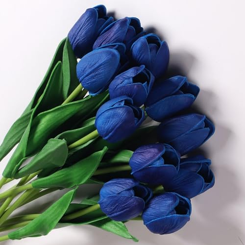 Anaoo 12pcs Tulipe Artificielle en Latex, Bouquet Fleurs Artificielles de Mariée Décoration pour Maison, Mariage, Fête, Bureau, Arrangements Floraux, Bleu Foncé