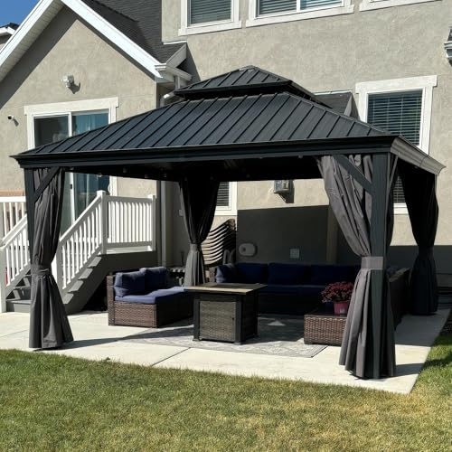 PURPLE LEAF Pavillon 4 x 4 m Wasserdicht Stabil Winterfest Gartenpavillon mit Stahldach Hardtop Pavillon mit Seitenteile Alupavillon, Grau