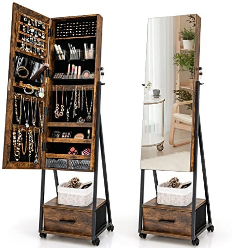 COSTWAY Armadio Portagioie da Terra con Ruote, Specchio Portagioie con Cassetti, Organizer per Gioielli per Camera da Letto, Soggiorno (Marrone, 42 x 38 x 157 cm, Con Cassetto)