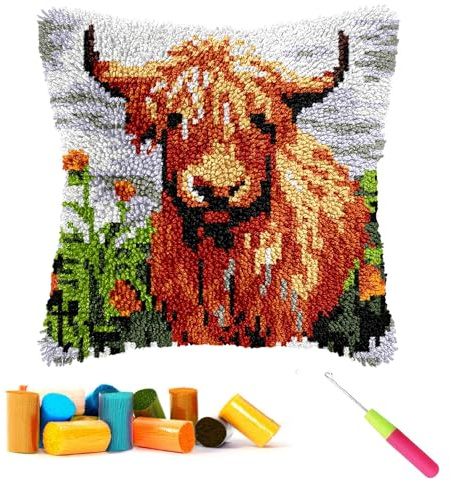 CCWORAN Highland Cow Latch Hook Kits for Adults Beginners Kids Cushion Cover Making Crochet Craft Kits Pre Printed Canvas Wool Yarn Hobbies DIY Sofa Home Decor Women Gift 2