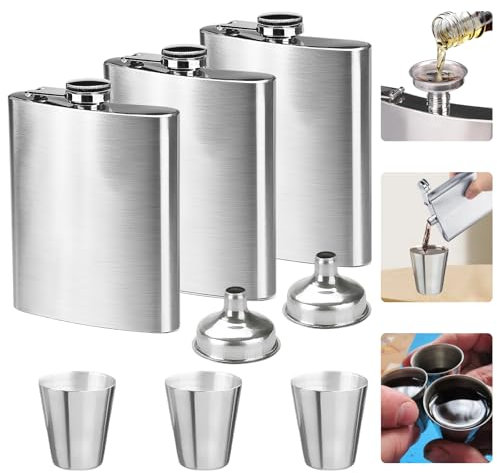 3 Stück Edelstahl Flachmann mit 2 Trichter und 3 Weinglas, 8oz.224 ml Auslaufsicher Flachmänner, Tragbares Flachmann Set, für Spirituosen, Whiskey, Rum, Wodka, für Camping Klettern Party(Silber)
