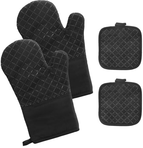Ofenhandschuhe Topflappen Set Hitzebeständig rutschfeste: 4er Set 300°C Hitzebeständige Anti-Rutsch Topfhandschuhe Kochhandschuhe Backhandschuhe mit Baumwolle für Kochen Backen Grillen Schwarz