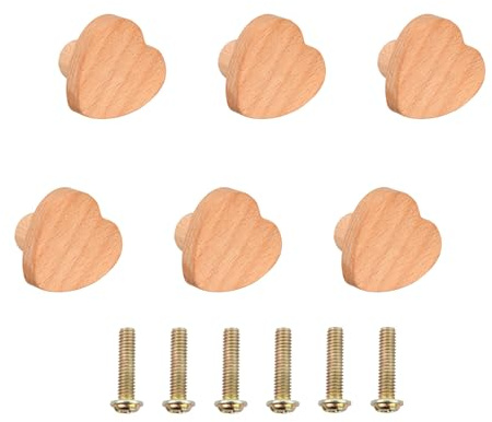 Duronge Bouton de Meuble, 6 Pièces Coeur Bouton en Bois, Boutons d'Armoire avec Vis, Poignées de Porte et Tiroir pour Chambre d'Enfant, Chambre à Coucher, Cuisine, Ssalle de Bain
