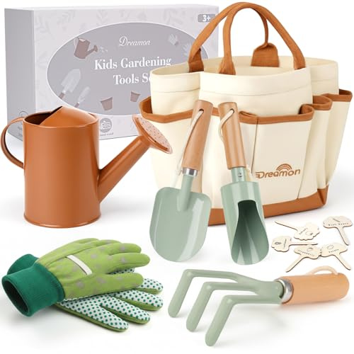 Kids Gardening Set, Quality Gardening Tools Outdoor Toys Set for Kids Toddler, Includes Tote Bag, Gloves, Watering Can, Shovel, Rake, Cultivator, Garden Tool Kit Learning Outdoor Gifts for Boys Girls