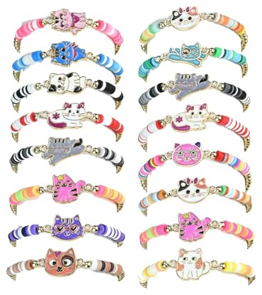 ELLECILA 16 Pcs Cat Bracelets for Girls - Colorful Animal Friendship Bracelets Bulk for Girls, Adjustable Cat Bracelet Kids Jewellery Set, Cat Party Favors Gifts for Toddlers Children