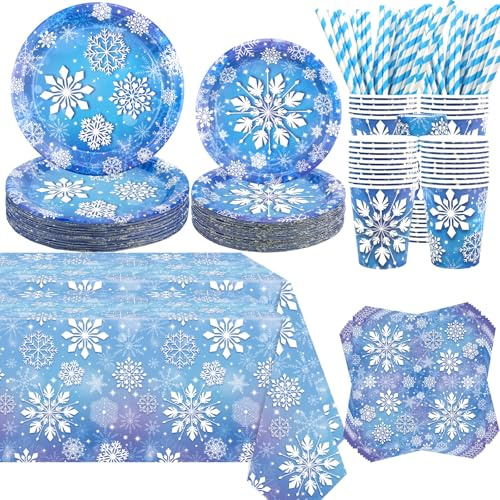 Winter Snowflake Party Decoration Include Plates Tablecloth Napkins Cups Straws, Tableware Set for Snowflake Winter Wonderland Party Baby Shower (40)